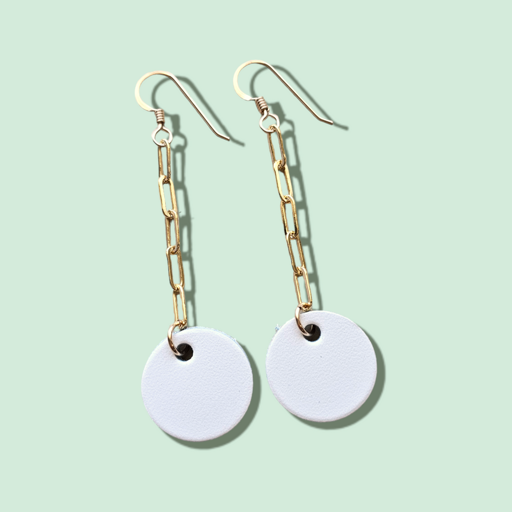 The Lila/ White Circle Leather Drop Chain Earrings