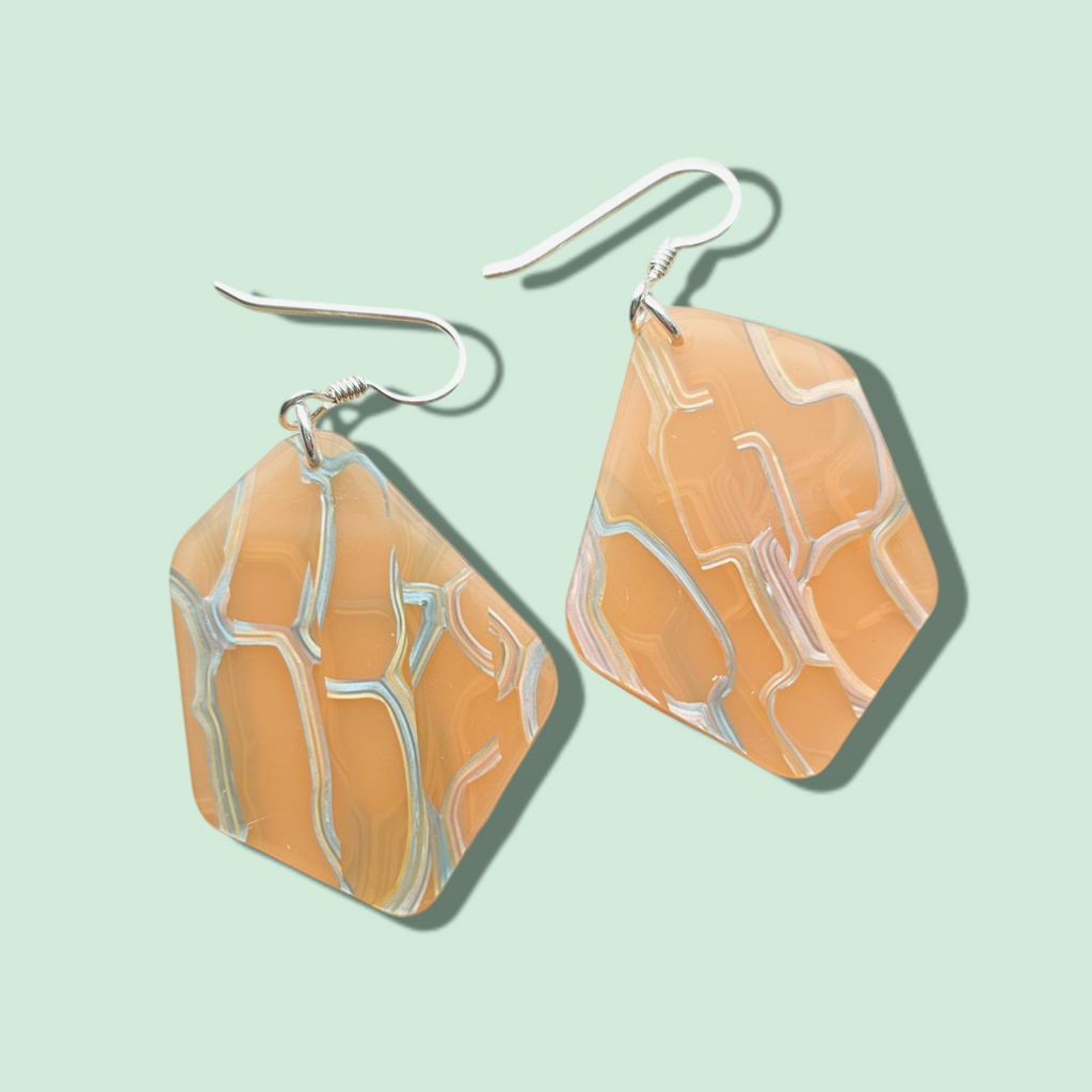 *EACH PIECE VARIES IN COLOR* Peach Abstract Acrylic Earrings w/ gold + silver + pink metallic markings
