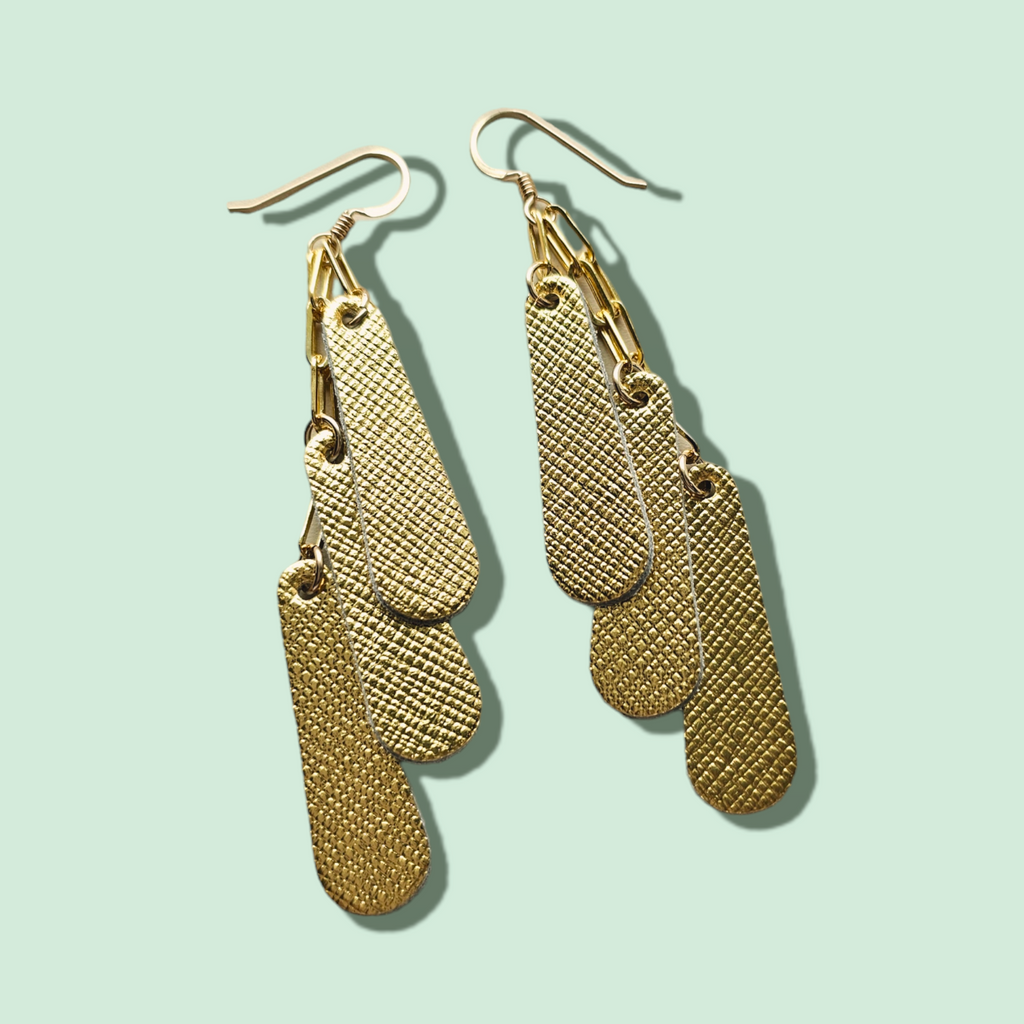 The Odette/ Cascading Metallic Gold Flowy Chain Drop Statement Leather Earrings