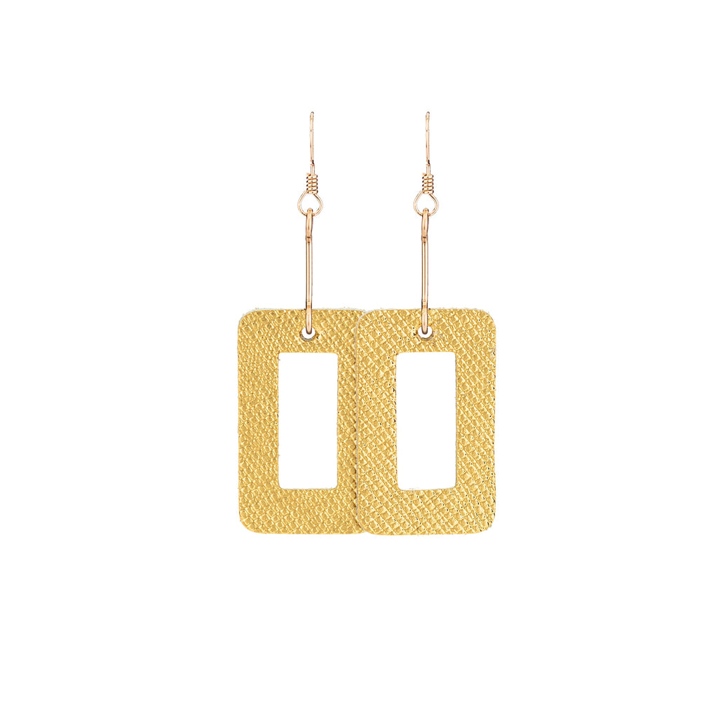 The Pearl/ Metallic Gold Saffiano Block Drop Swing Statement Leather Earrings