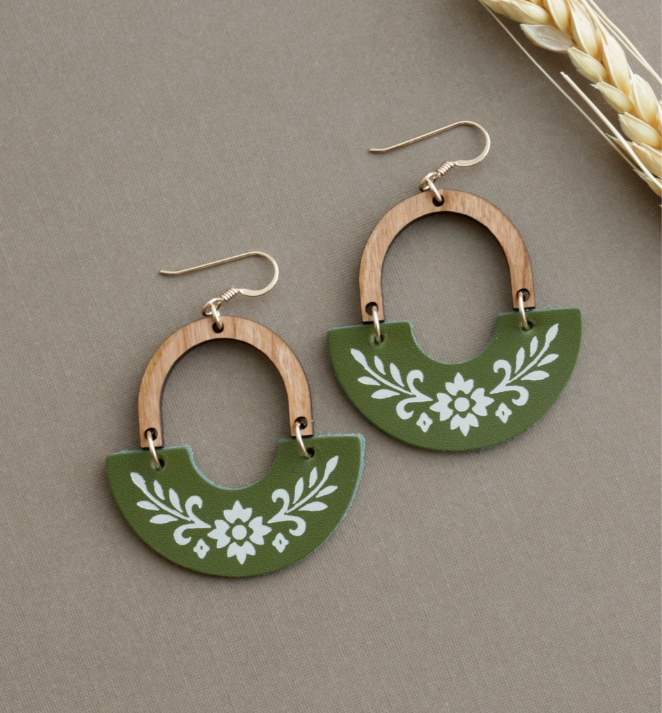 The Western Cora/ Olive + Cream Floral Embossed Statement Leather Earrings