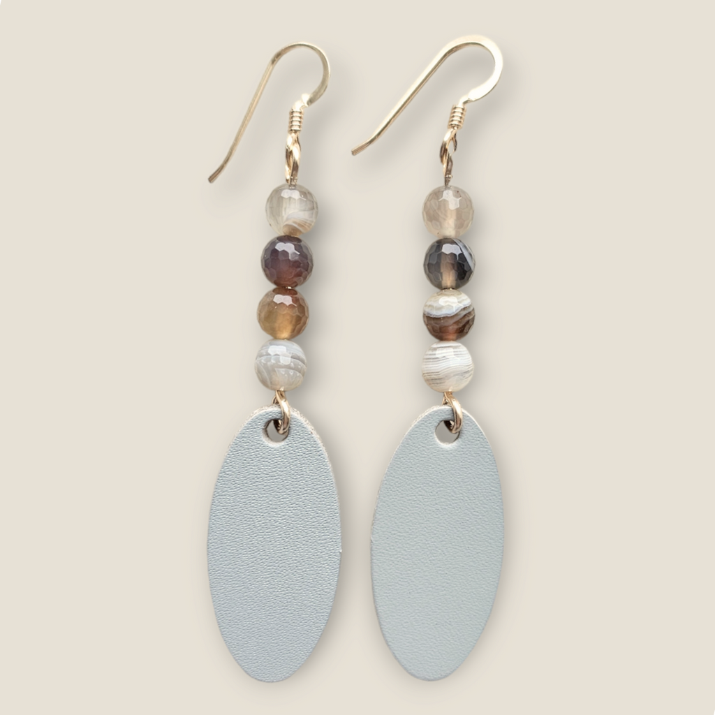 The Mollie/ Grey + Mixed Color Natural Stone Beads + leather earrings