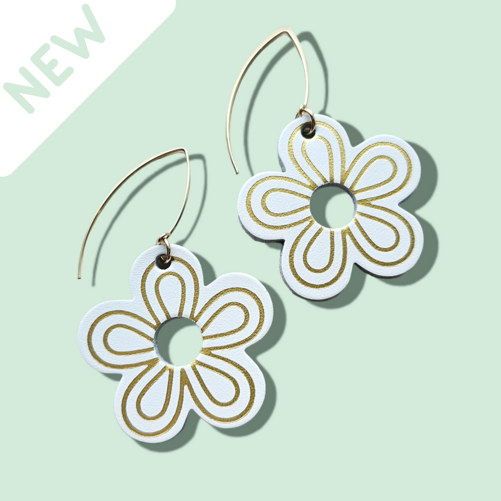 The Daisy/ White + Gold Embossed Flower Statement Leather Earrings