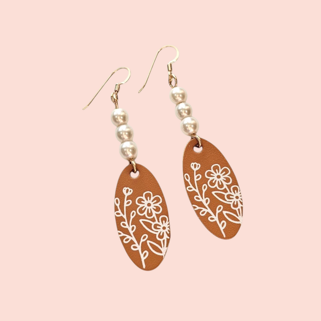 *PRE-ORDER* The Wendy| Floral Embossed Pearl Beaded Drop Statement Leather Earring