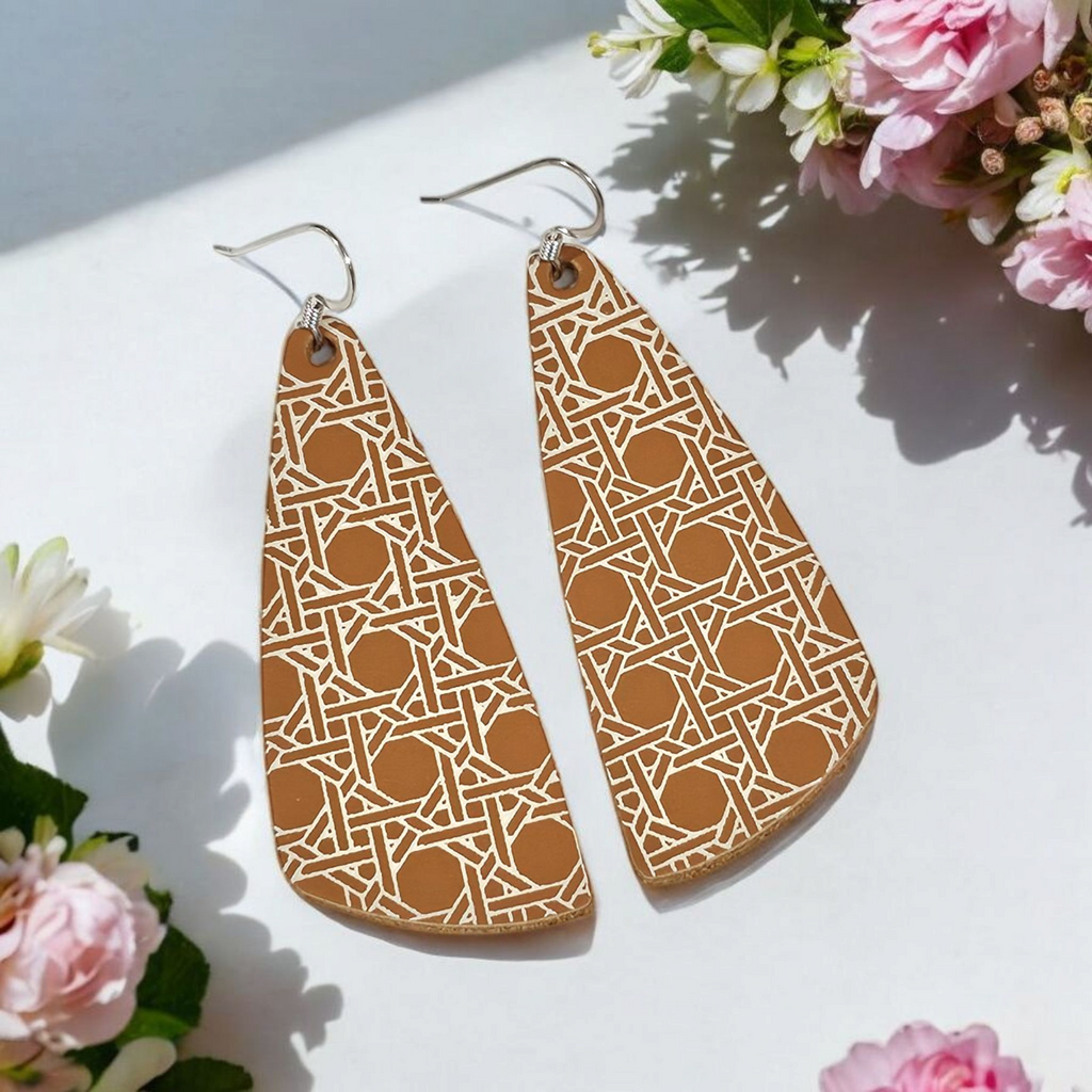 *SMALLS* Glam Wing Camel + Off White Wicker Embossed Leather Earrings