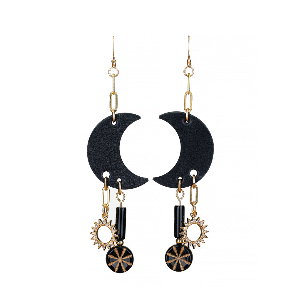 *Pre-order*--The Cadence Moondance Earring/ Black Crescent Moon + Chain Drop + Beaded Leather Earrings