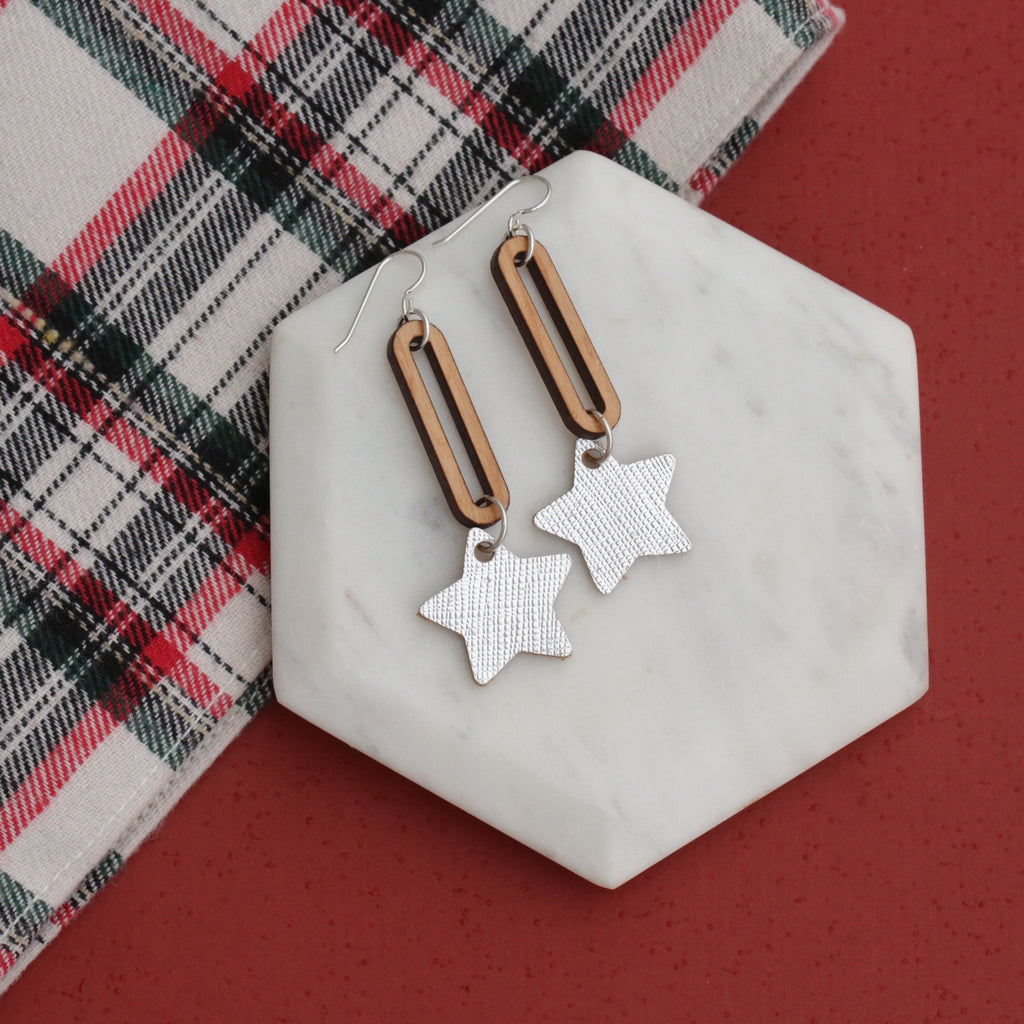 Shooting Star Drops/ Metallic Silver Saffiano Star + Wood Drop Leather Earrings