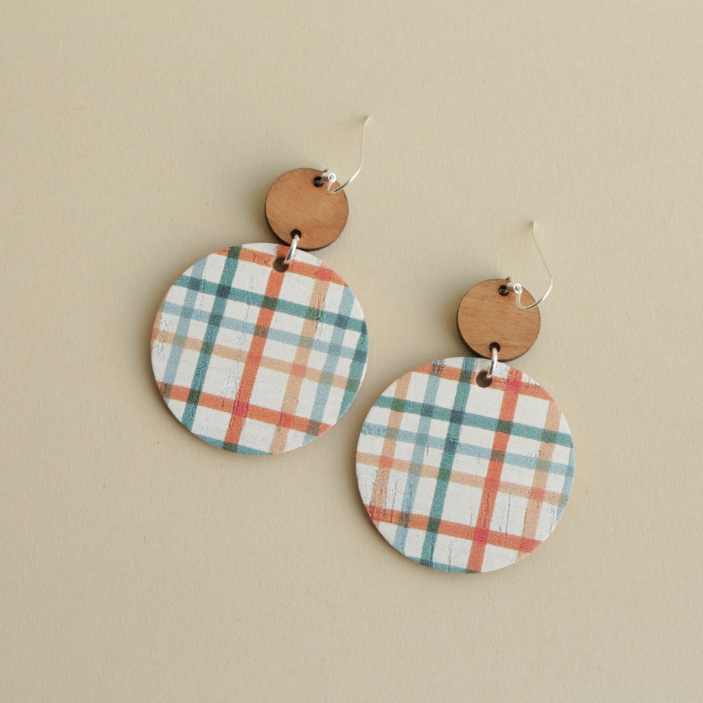 FREE Gift! The Duo Drop/ Harvest Delight Plaid Cork Leather + Wood Statement Earrings