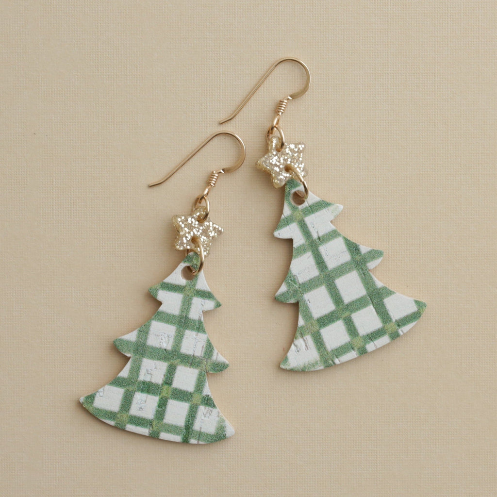 Cork Leather Christmas Tree w/ GOLD Star Earrings