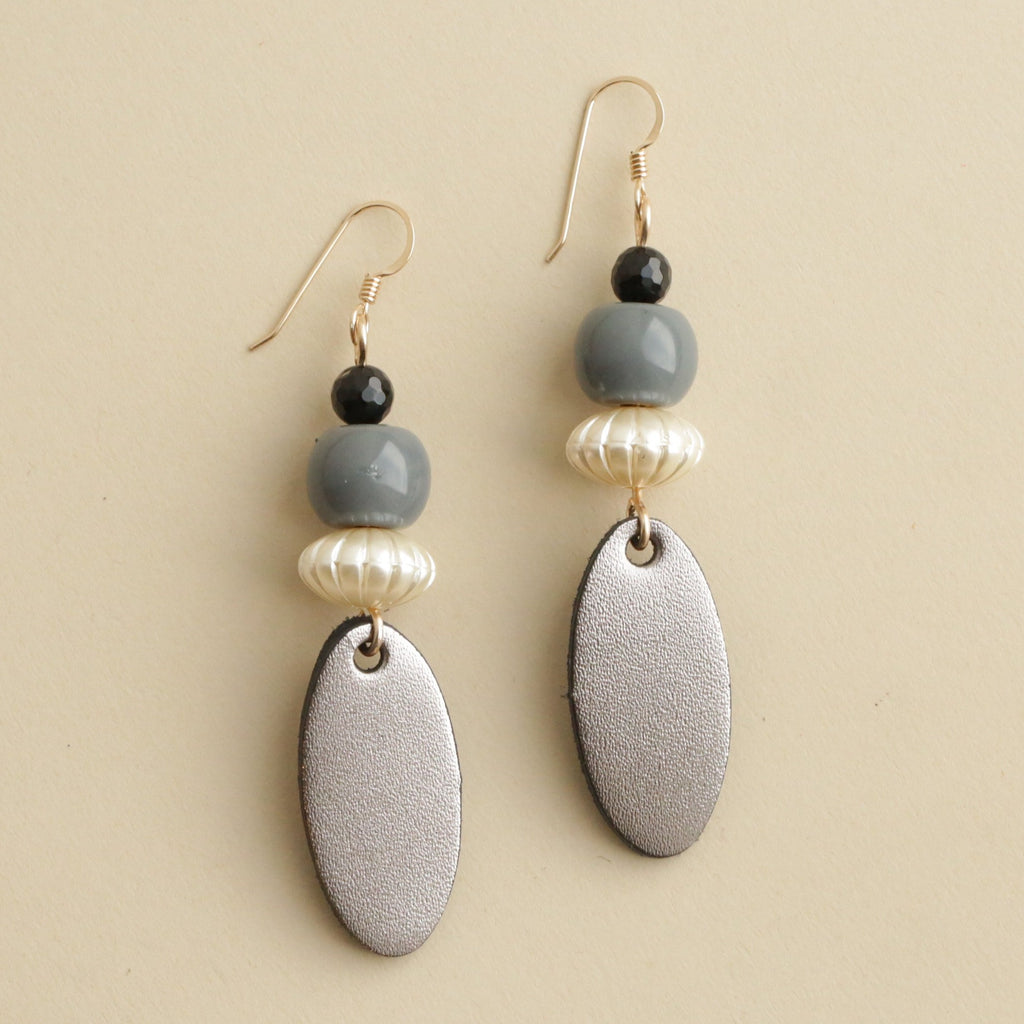 The Jackie/ Embossed Metallic Gunmetal + Pearl, Gray, and Black Beaded leather Earrings