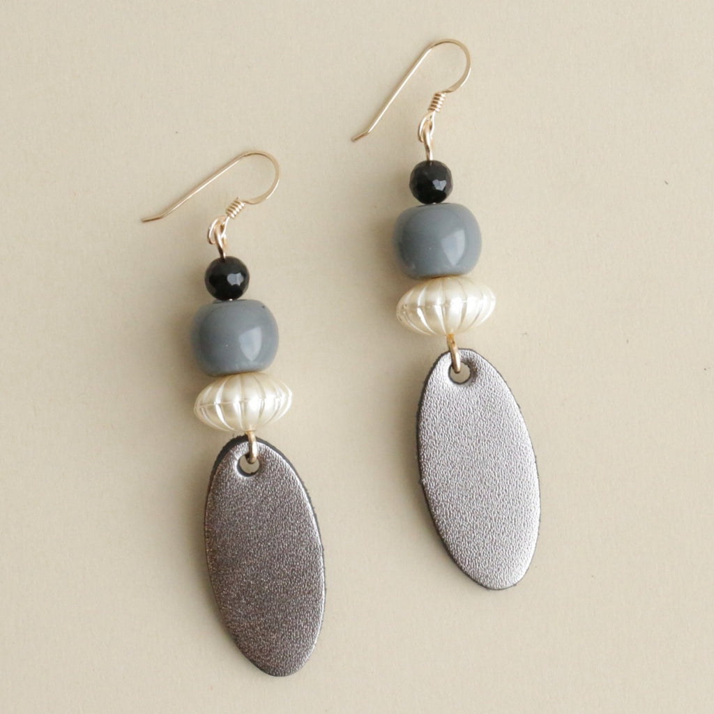 The Jackie/ Embossed Metallic Gunmetal + Pearl, Gray, and Black Beaded leather Earrings