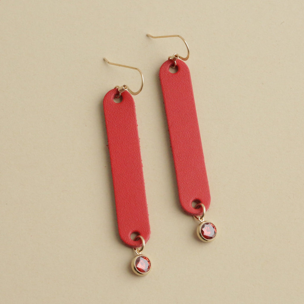 *NEW SIZE* The Ella/ Red + 14kt Gold Filled Red CZ Drop Slim Leather Statement Earrings