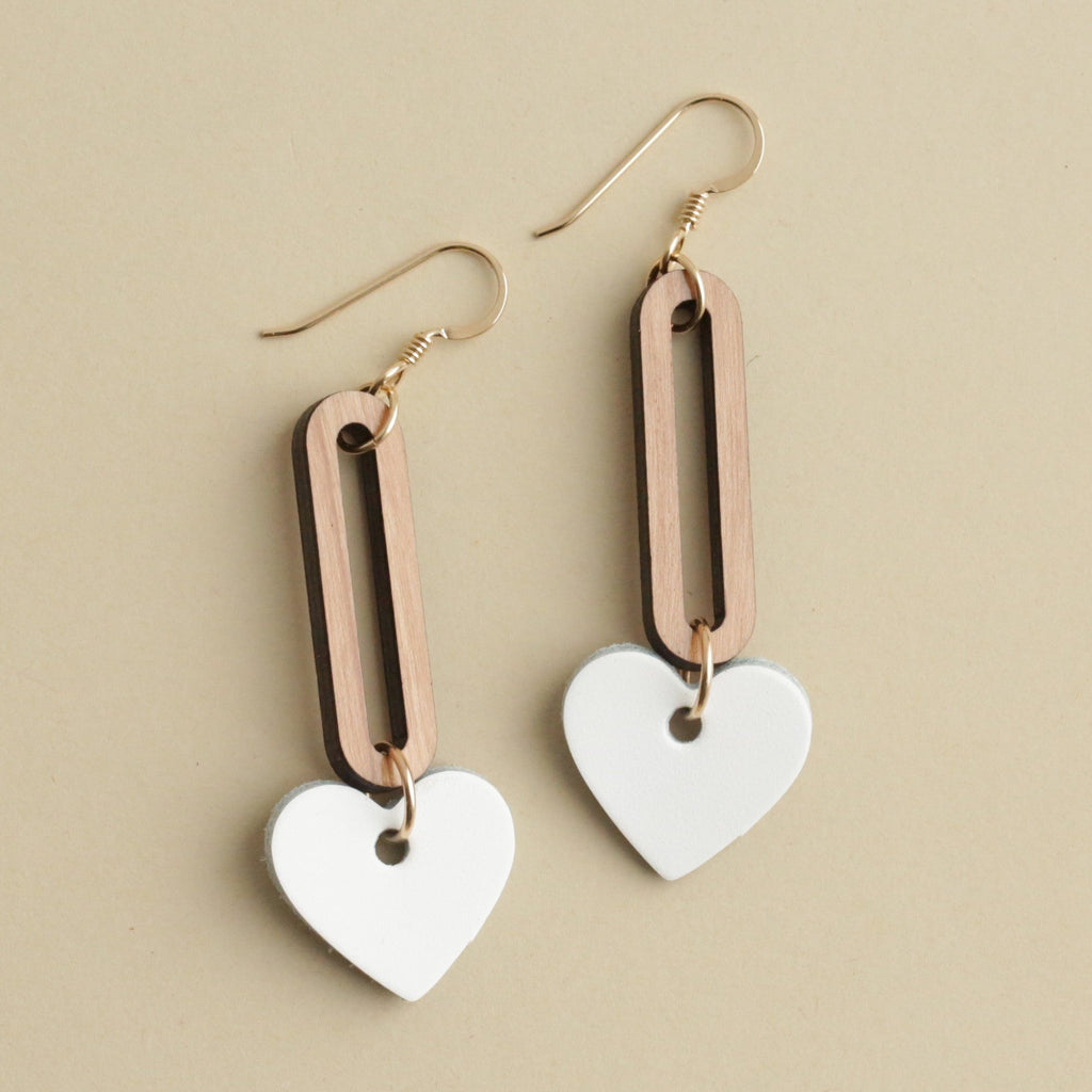 The Kate/ White Heart Drop Leather + Wood Earrings