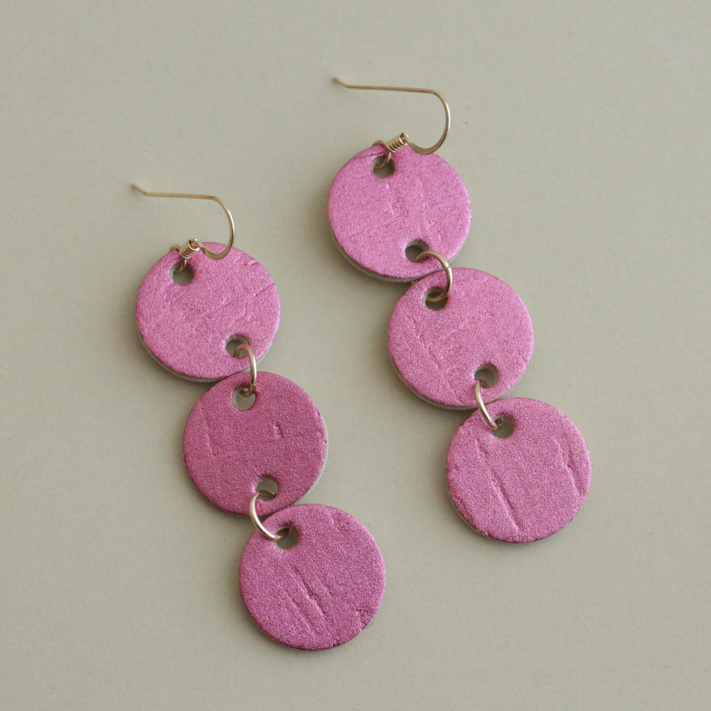 The Faye/ Pink Kiss Shimmer Cork Triple Circle Leather Earrings