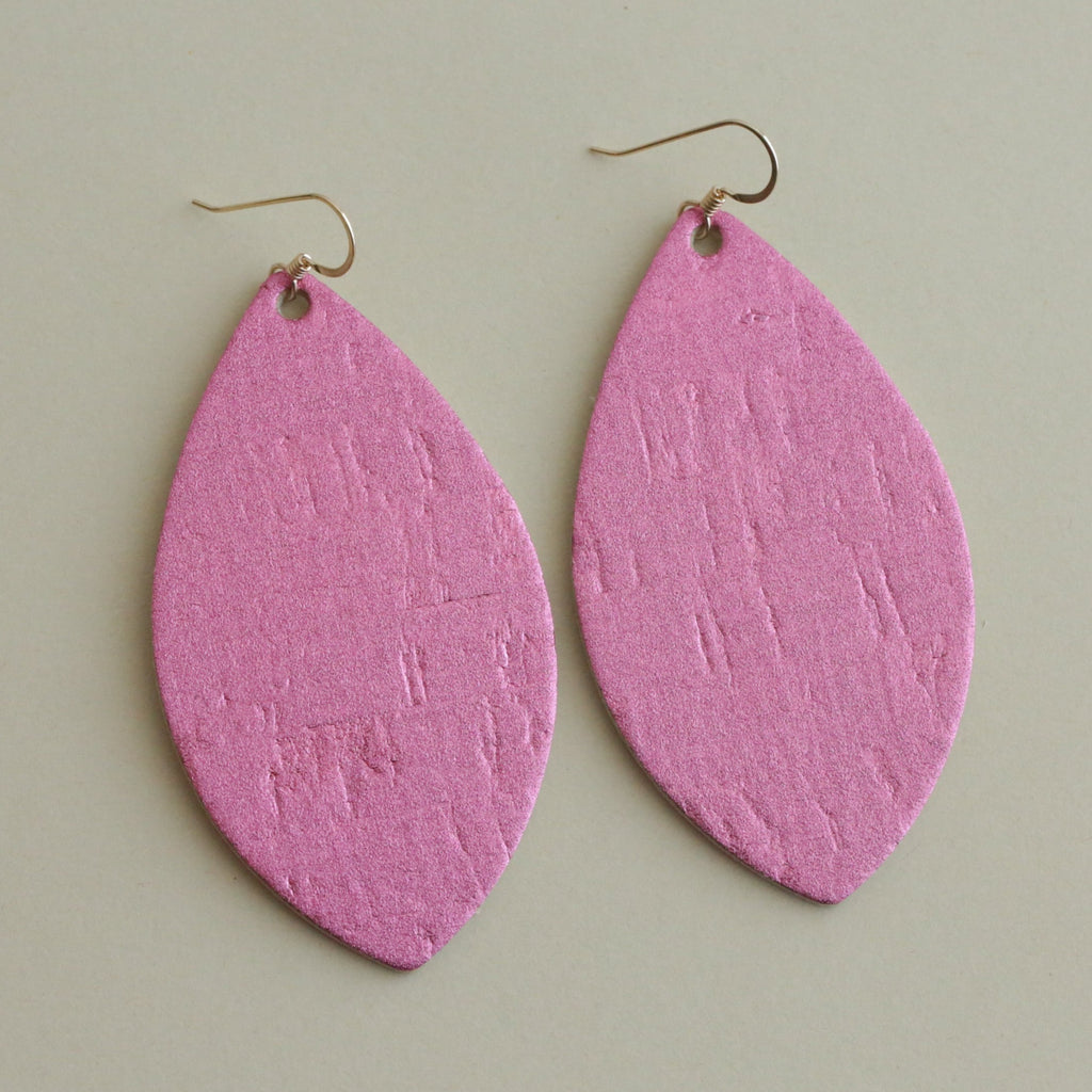 The Petal/ Pink Kiss Shimmer Cork Leather Earrings
