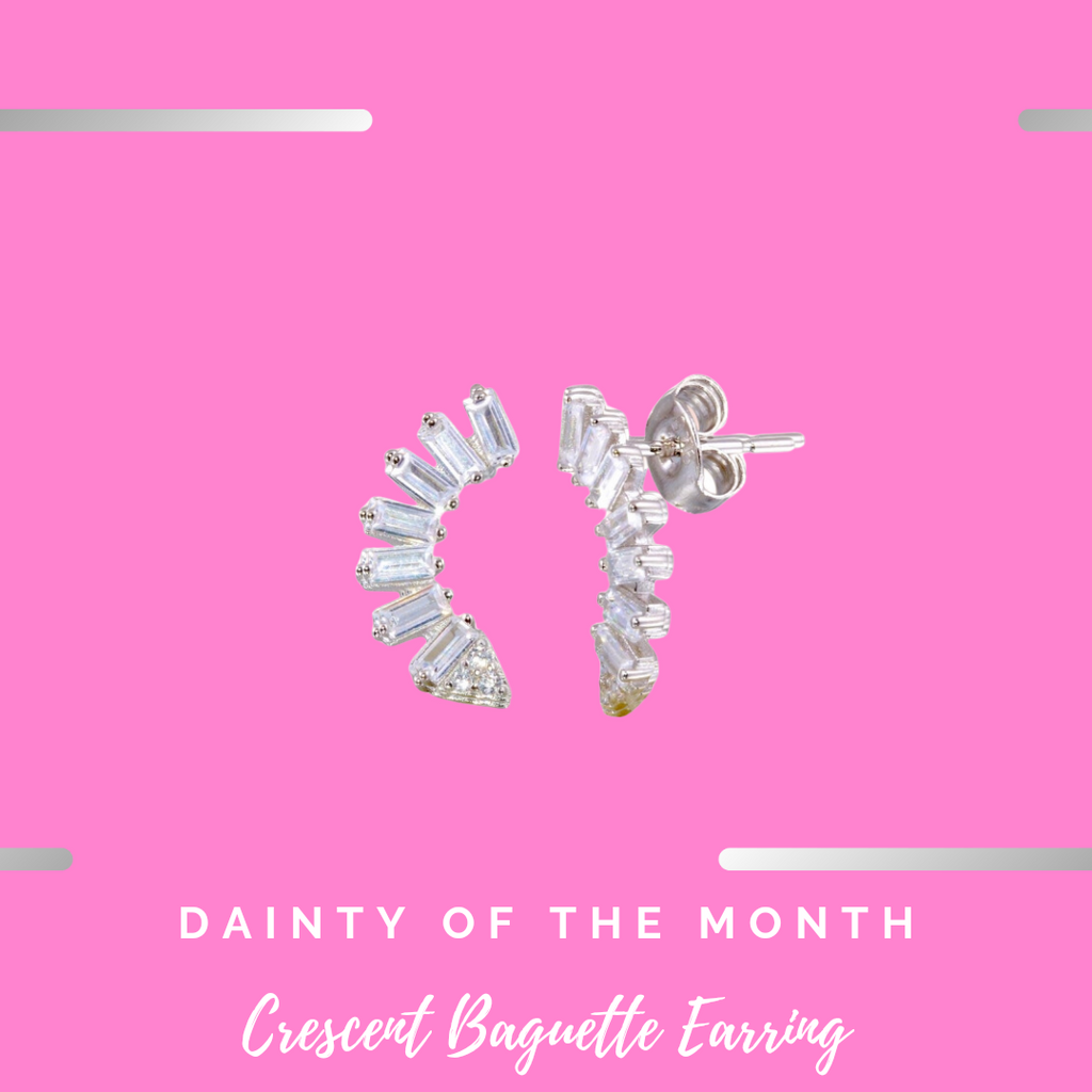 (Exluded from sales) Dainty Of The Month| Crescent Baguette Rhodium-plated Sterling Silver Post Earrings