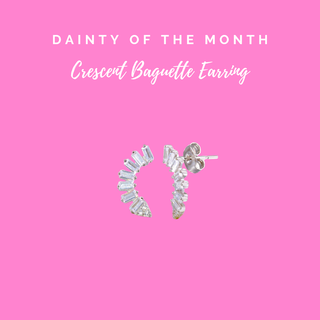 (Exluded from sales) Dainty Of The Month| Crescent Baguette Rhodium-plated Sterling Silver Post Earrings