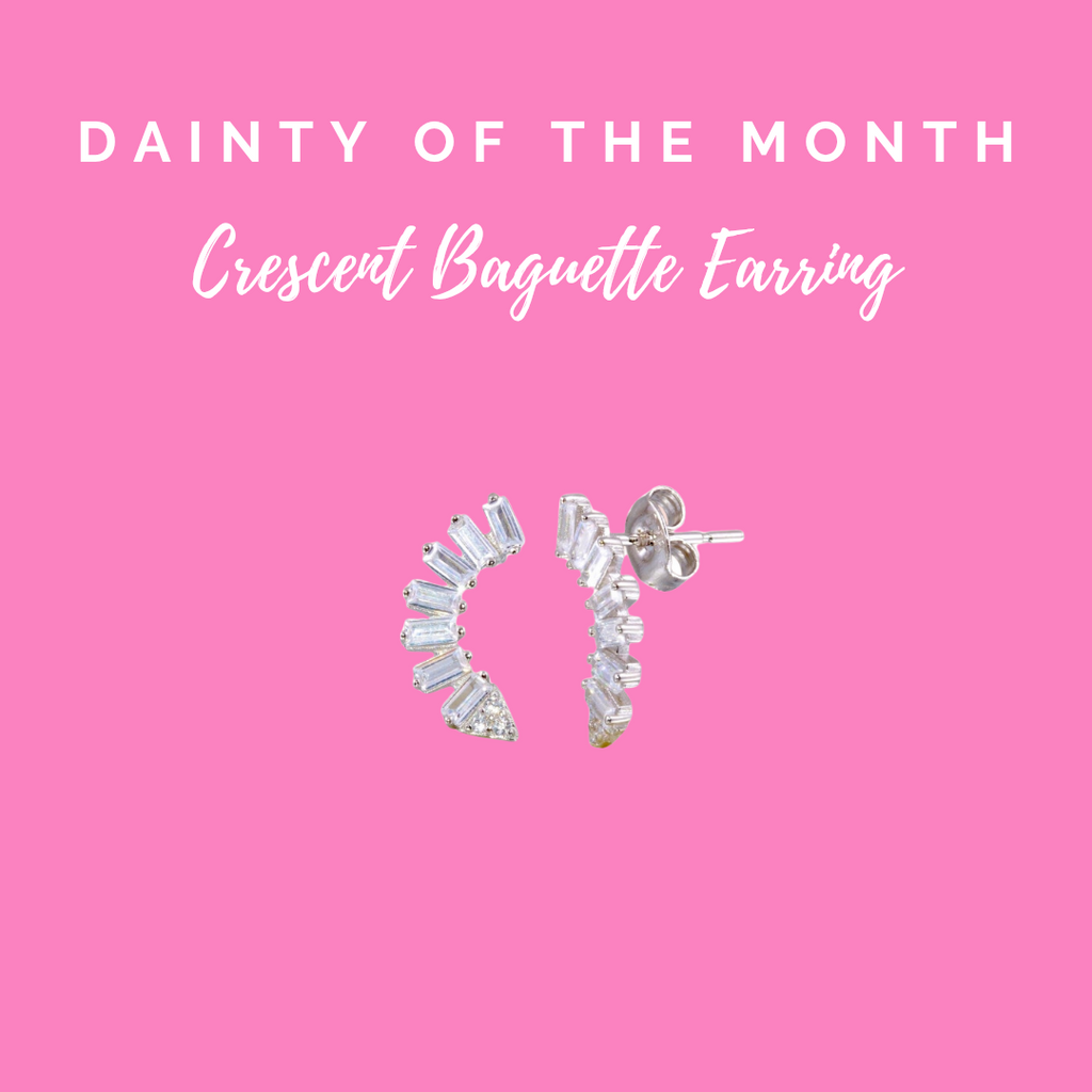 (Exluded from sales) Dainty Of The Month| Crescent Baguette Rhodium-plated Sterling Silver Post Earrings