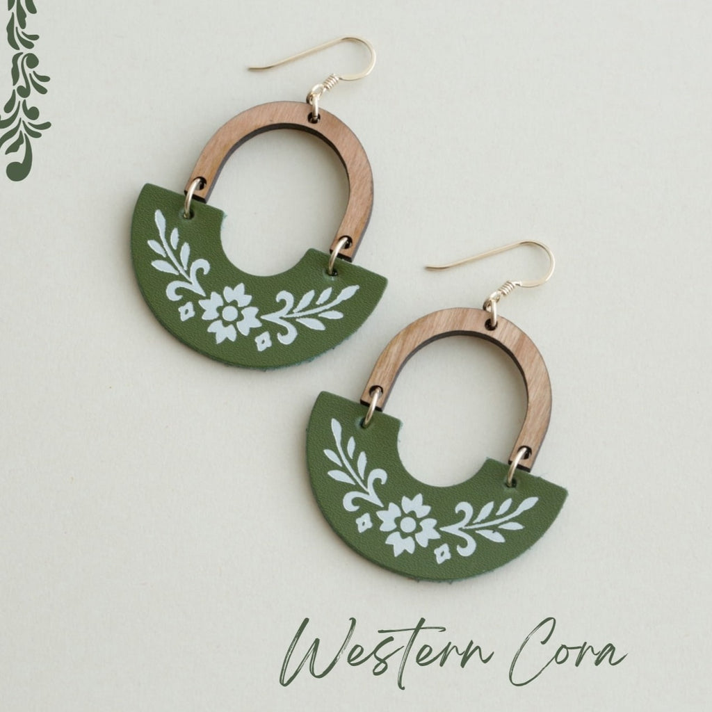 The Cora/ Olive + Cream Floral Embossed Statement Leather Earrings