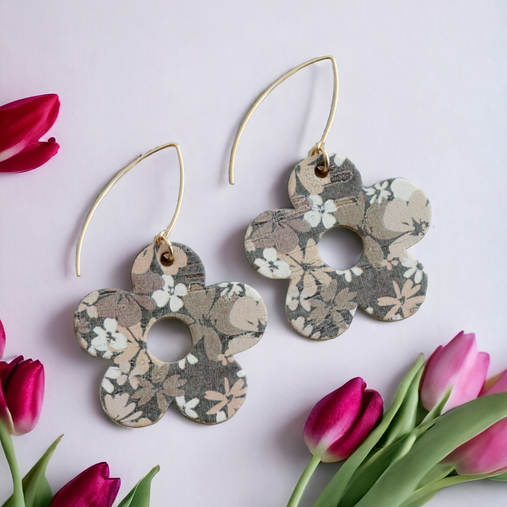 The Daisy/ Floral Cork Flower Statement Leather Earrings