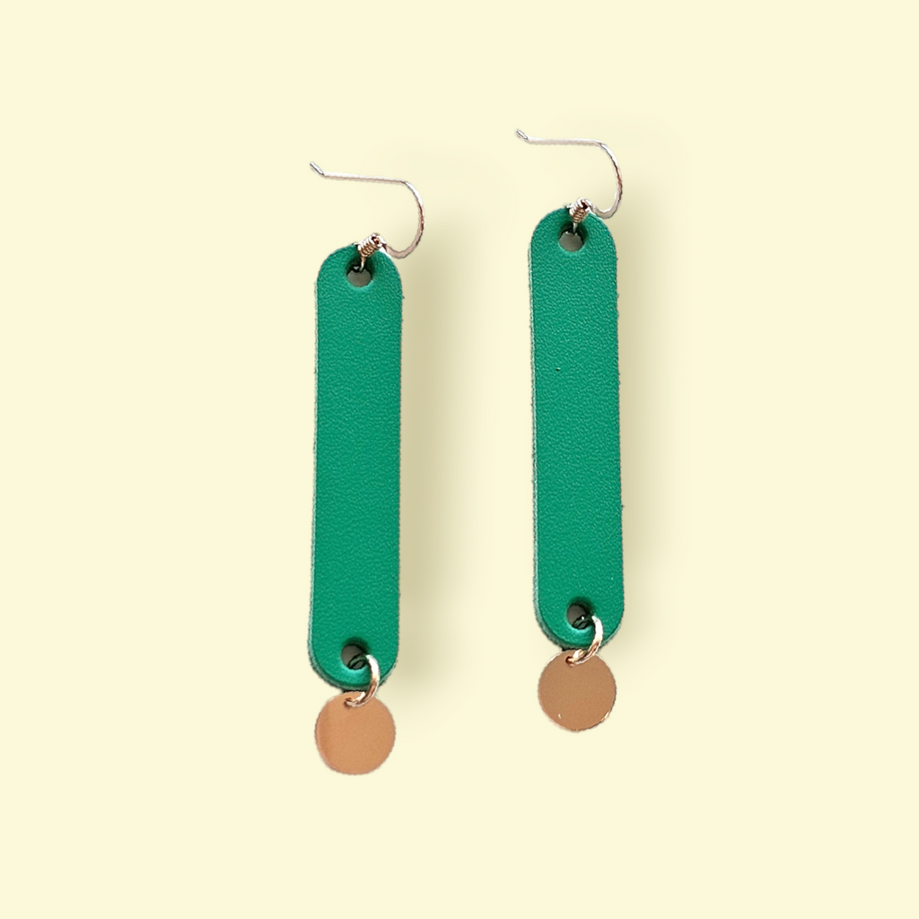 The Ella/ Kelly Green Leather + Metal Sequin Gold Charm Drop Slim Leather Statement Earrings