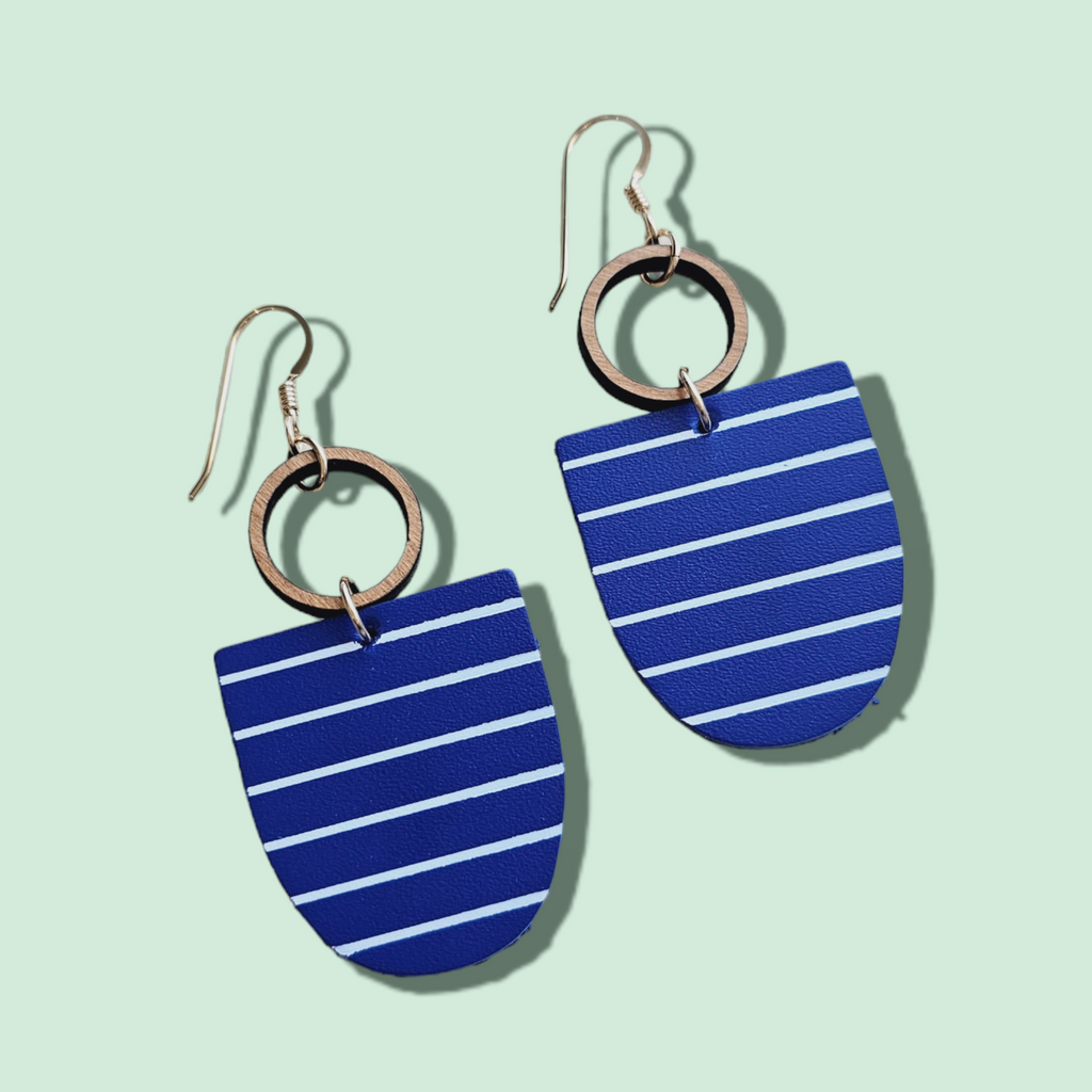 The Lottie/ Electric Navy + White Pinstripe Embossed Leather + Wood Earrings