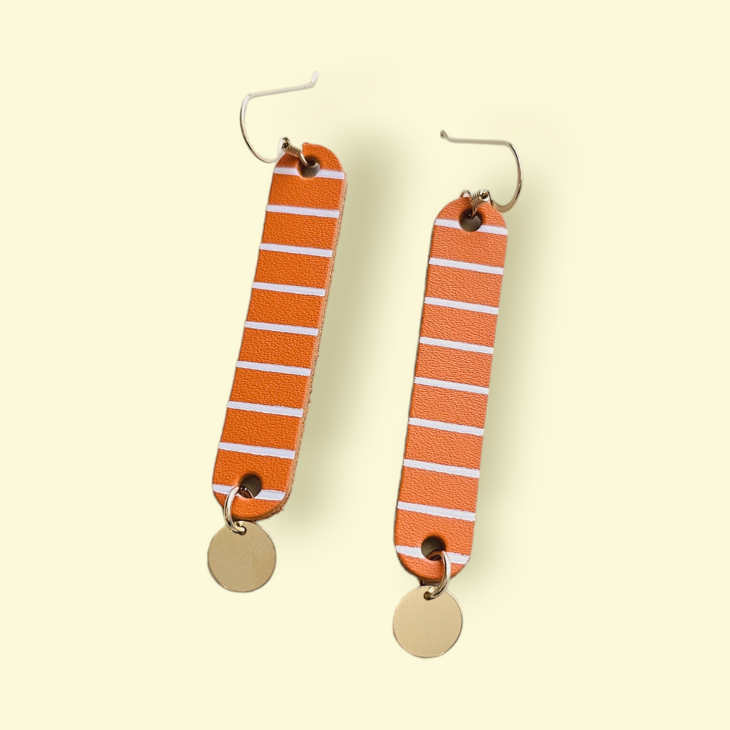 The Ella/ Orange Leather + Metal Sequin Gold OR Silver Charm Drop Slim Leather Statement Earrings