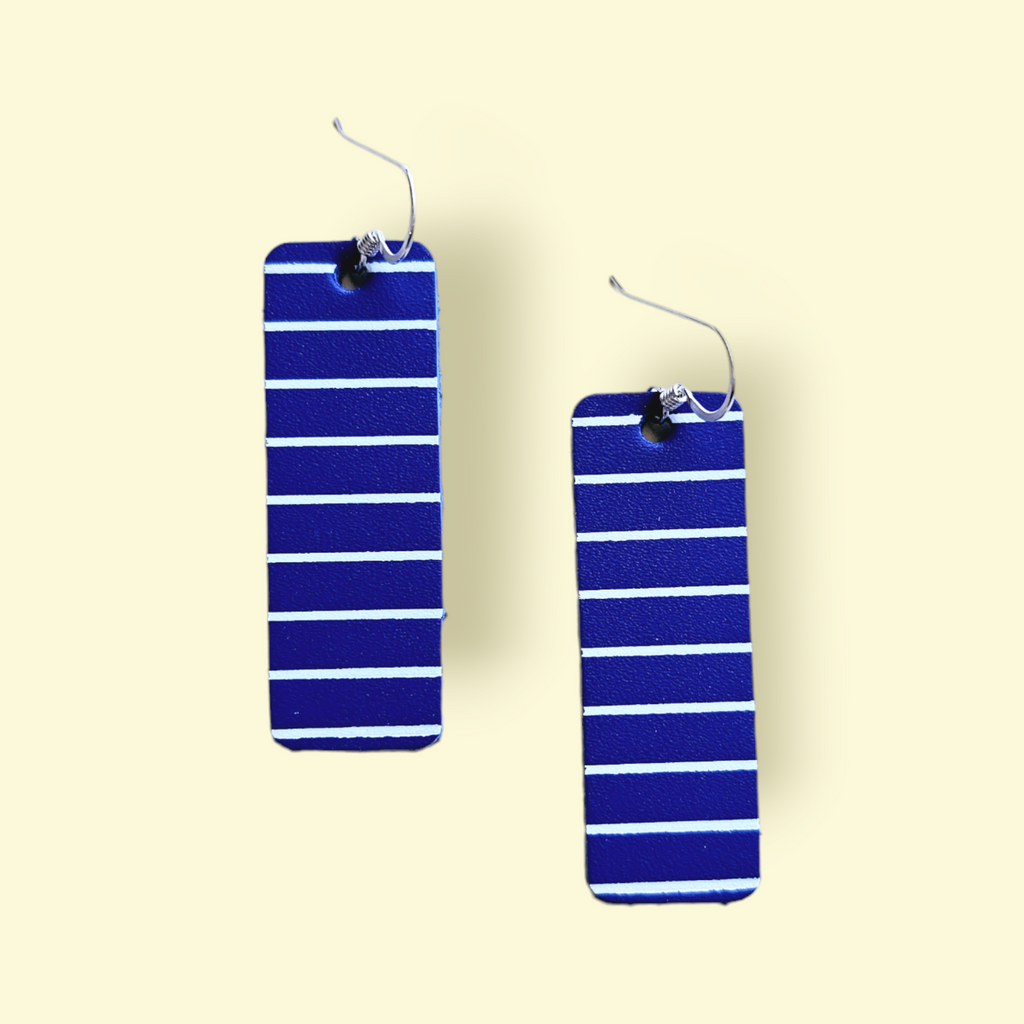 The Callie/ Electric Navy + White Pinstriped Leather Bar Earrings