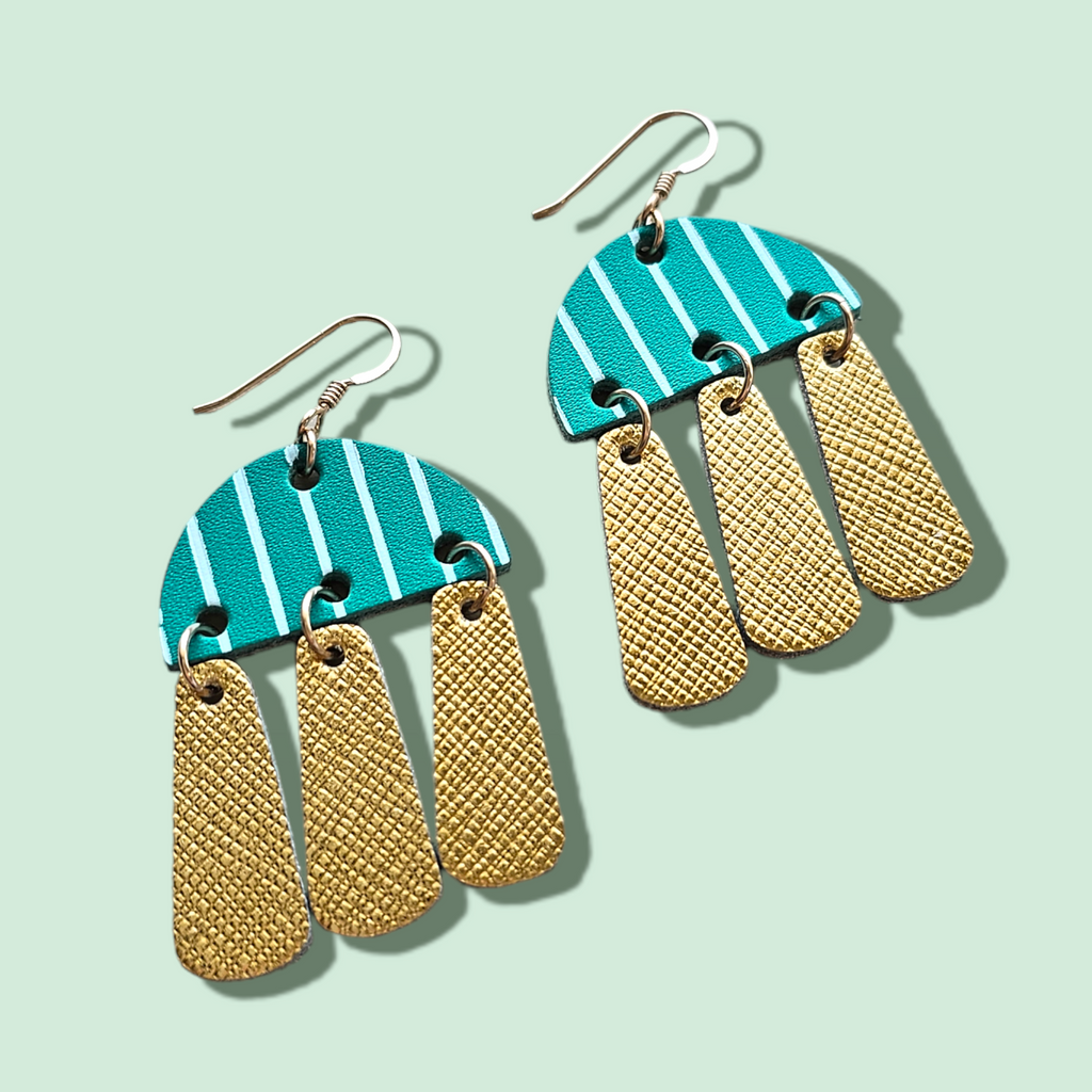 The Maeve/ Teal + White Embossed Pinstripes + Gold Geometric Leather Statement Earrings