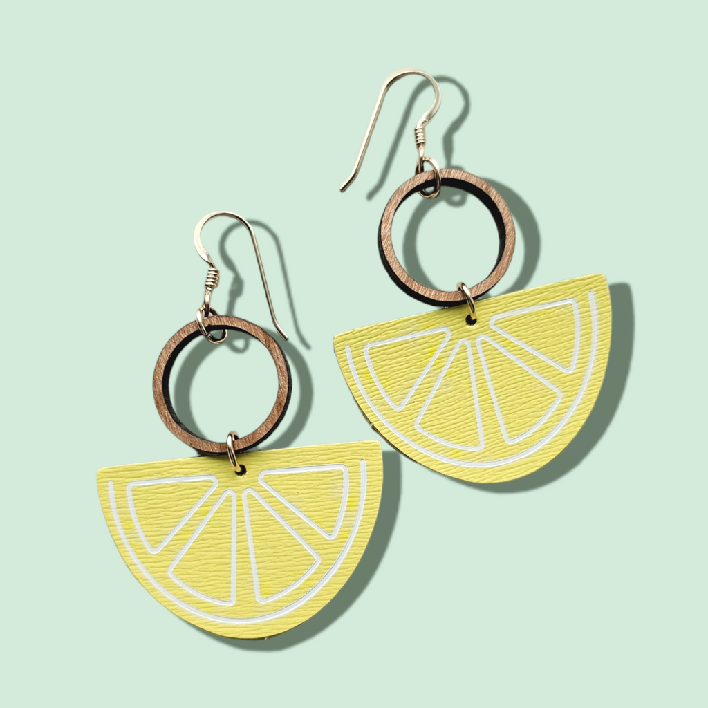 Lemonade Yellow Lemon + WHITE Embossed Slice Drop Leather Earrings