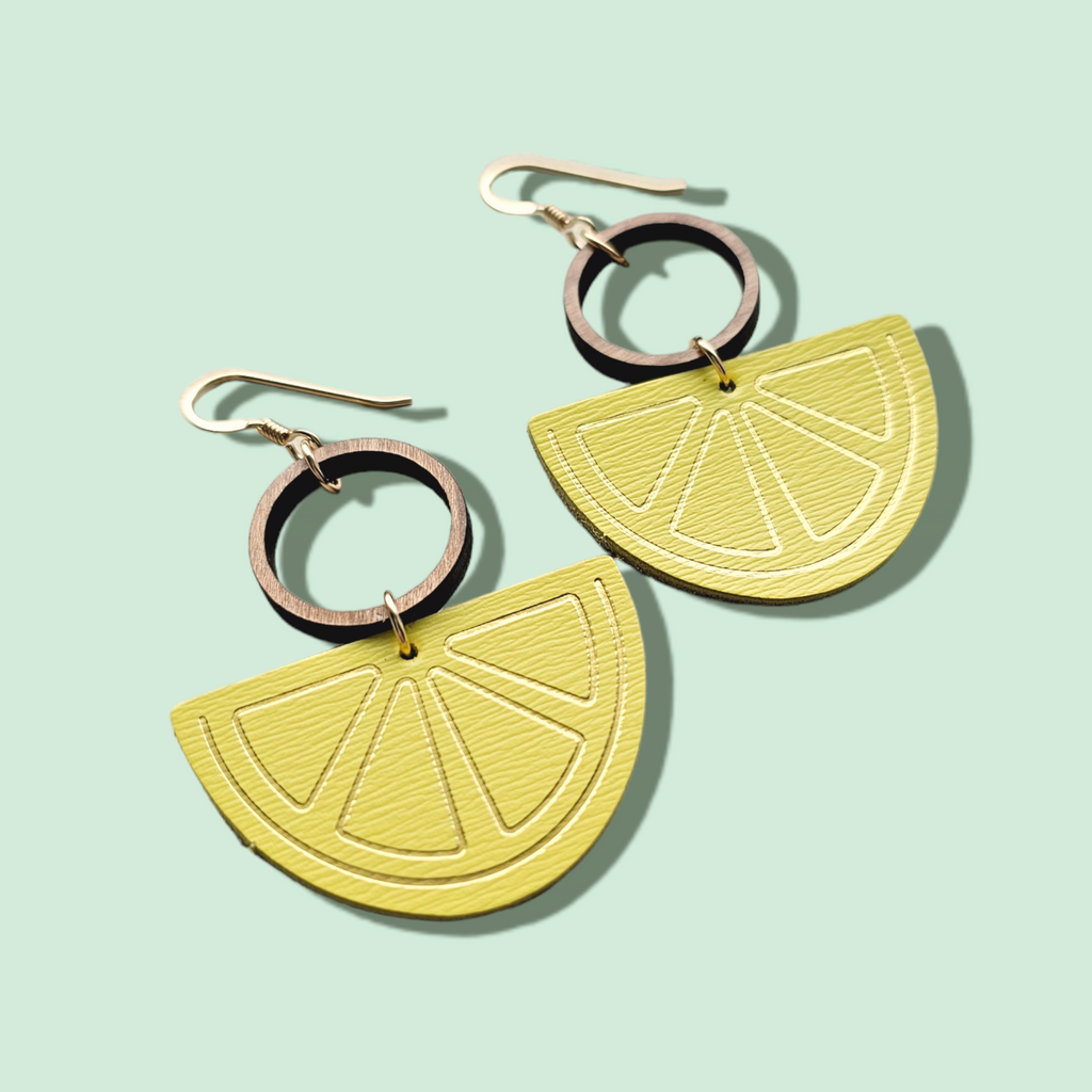 Lemonade Yellow Lemon + GOLD Embossed Slice Drop Leather Earrings