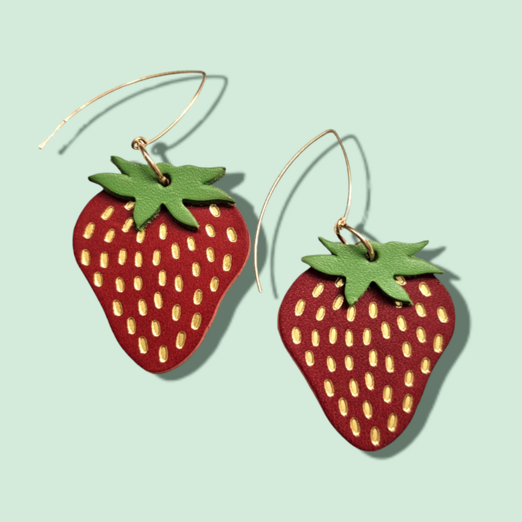 Dark Red Strawberry Embossed Leather Drop Earrings