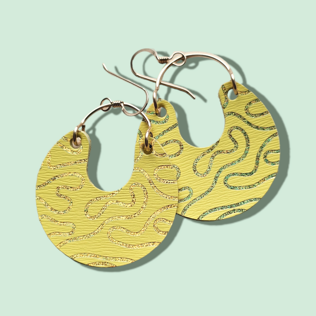 *SMALLS* The Lettie/ Lemonade Yellow Metallic Gold Irridescent Swirl Embossed Hoop Leather Earrings