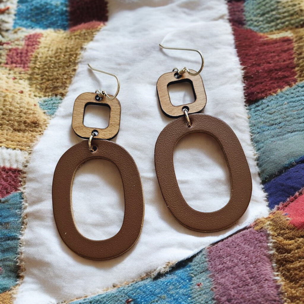 The Lindy/ Chocolate Organic Cut Out Leather + Wood Earrings