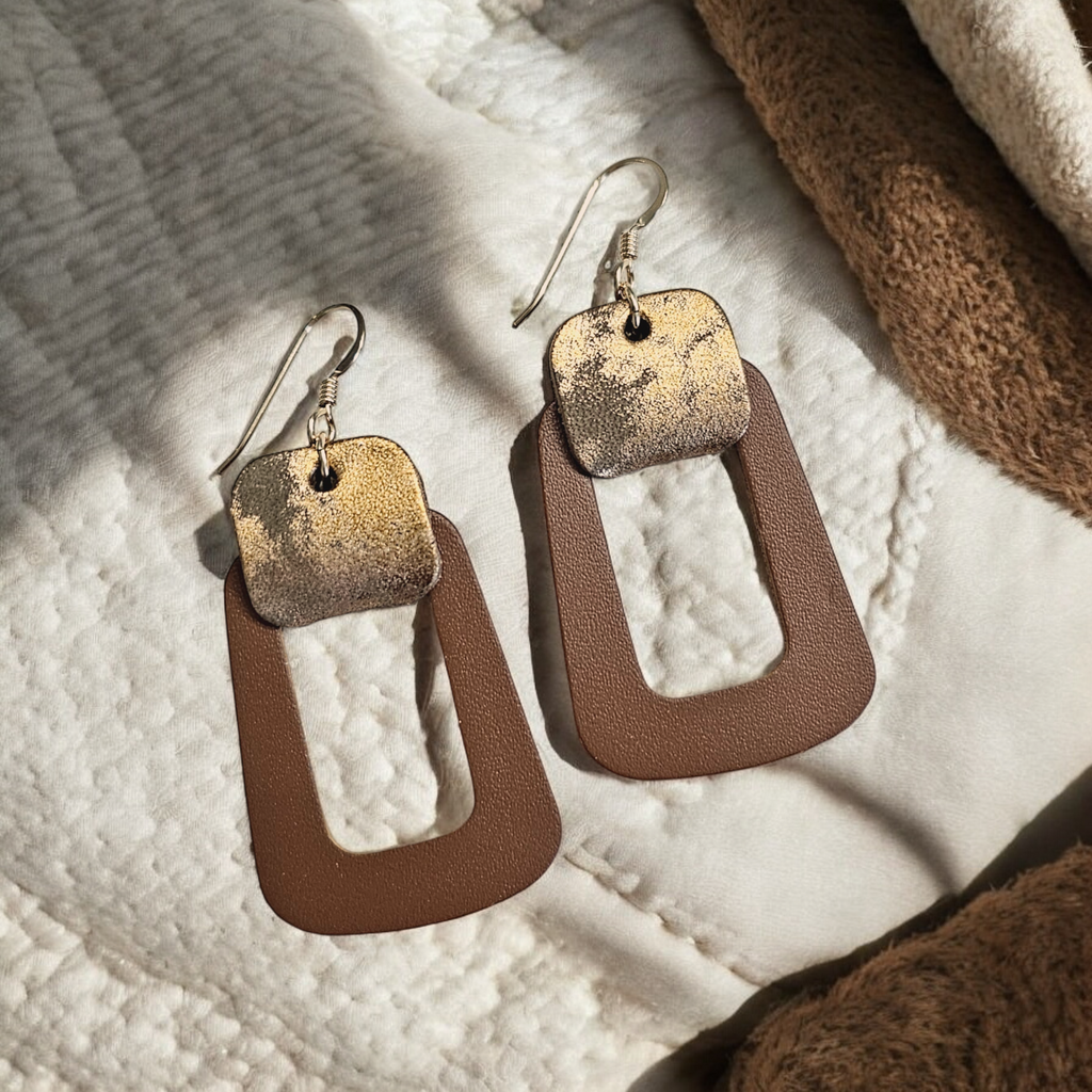 The Kinsley/ Chocolate + Distressed Metallic Bronze Doorknocker Leather Earrings