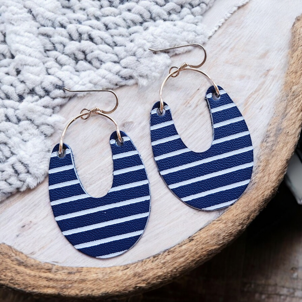 The Sadie/ Navy + White Pinstripe Leather Earrings