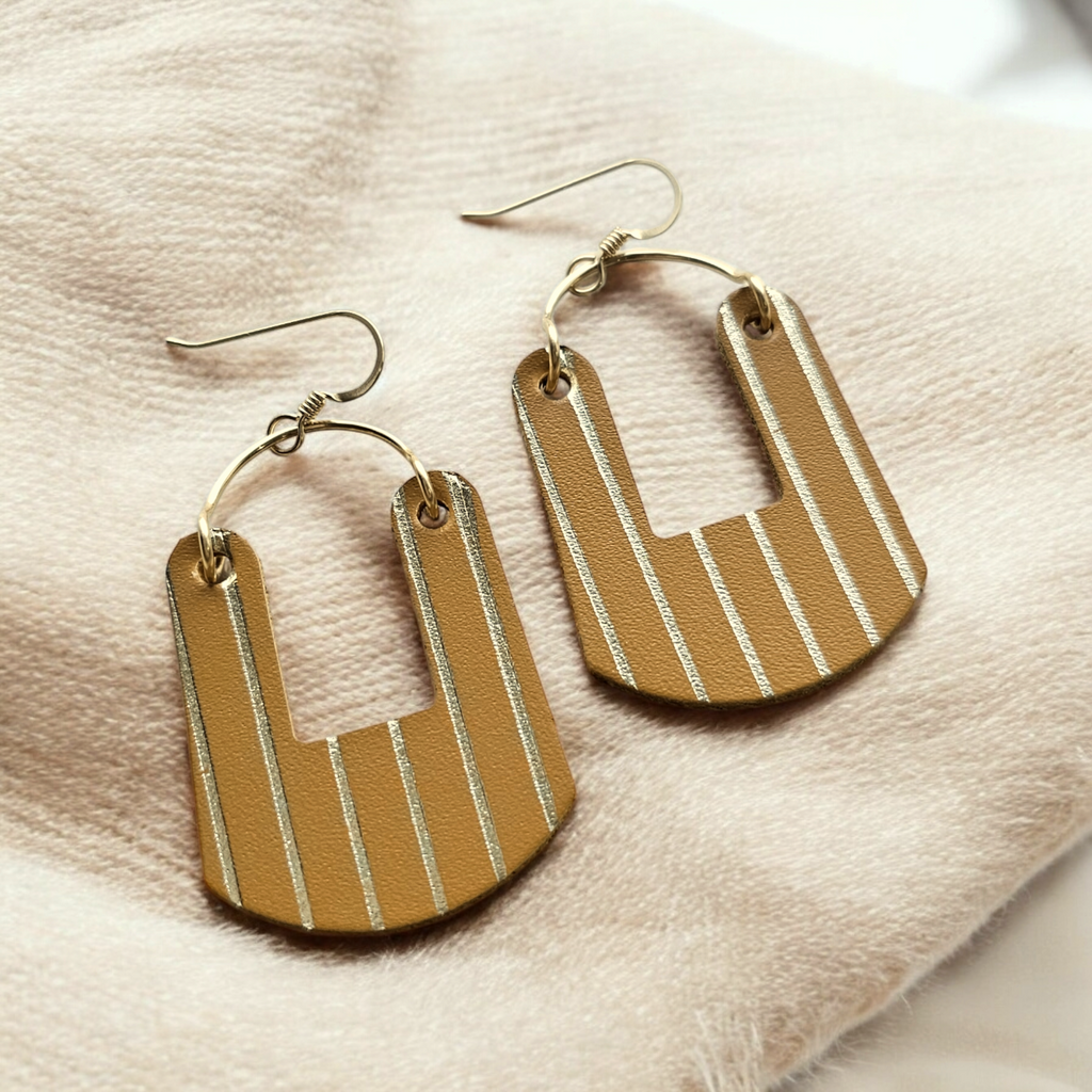 The Penny/ Camel + Metallic Champagne Pinstripe Embossed Leather Earring