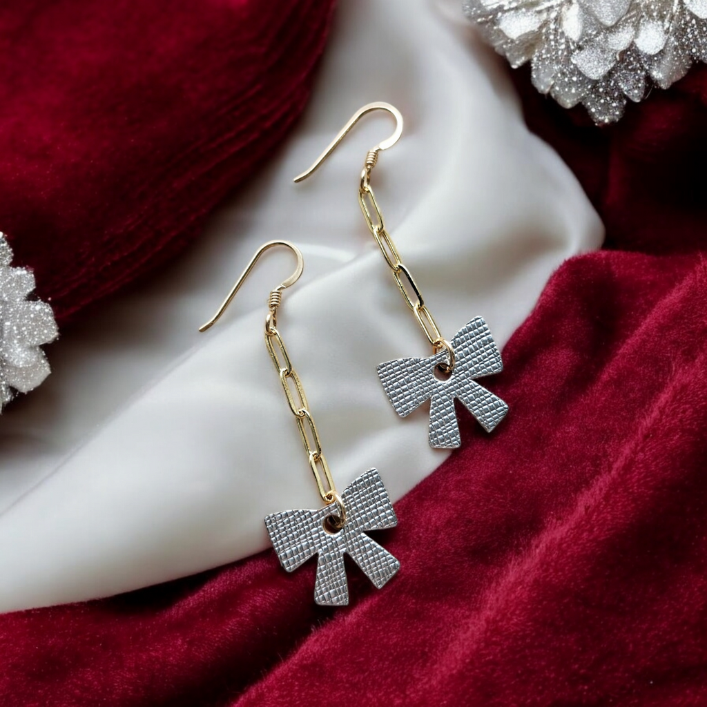 The Holly/ Mixed Metal Tiny Bow Leather Earrings