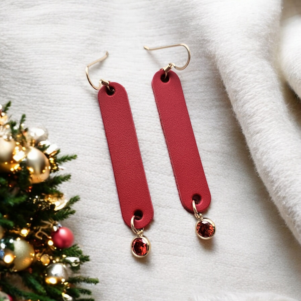 The Ella/ Red + 14kt Gold Filled Red CZ Drop Slim Leather Statement Earrings