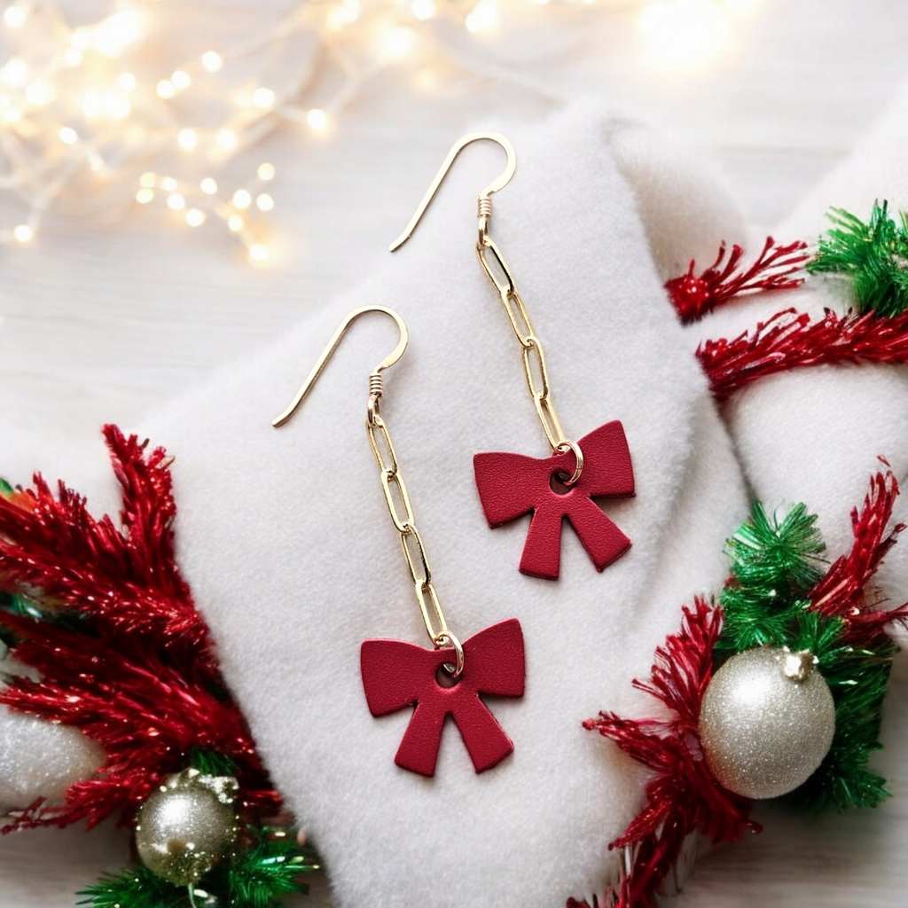 The Holly/ Red Tiny Bow Leather Earrings