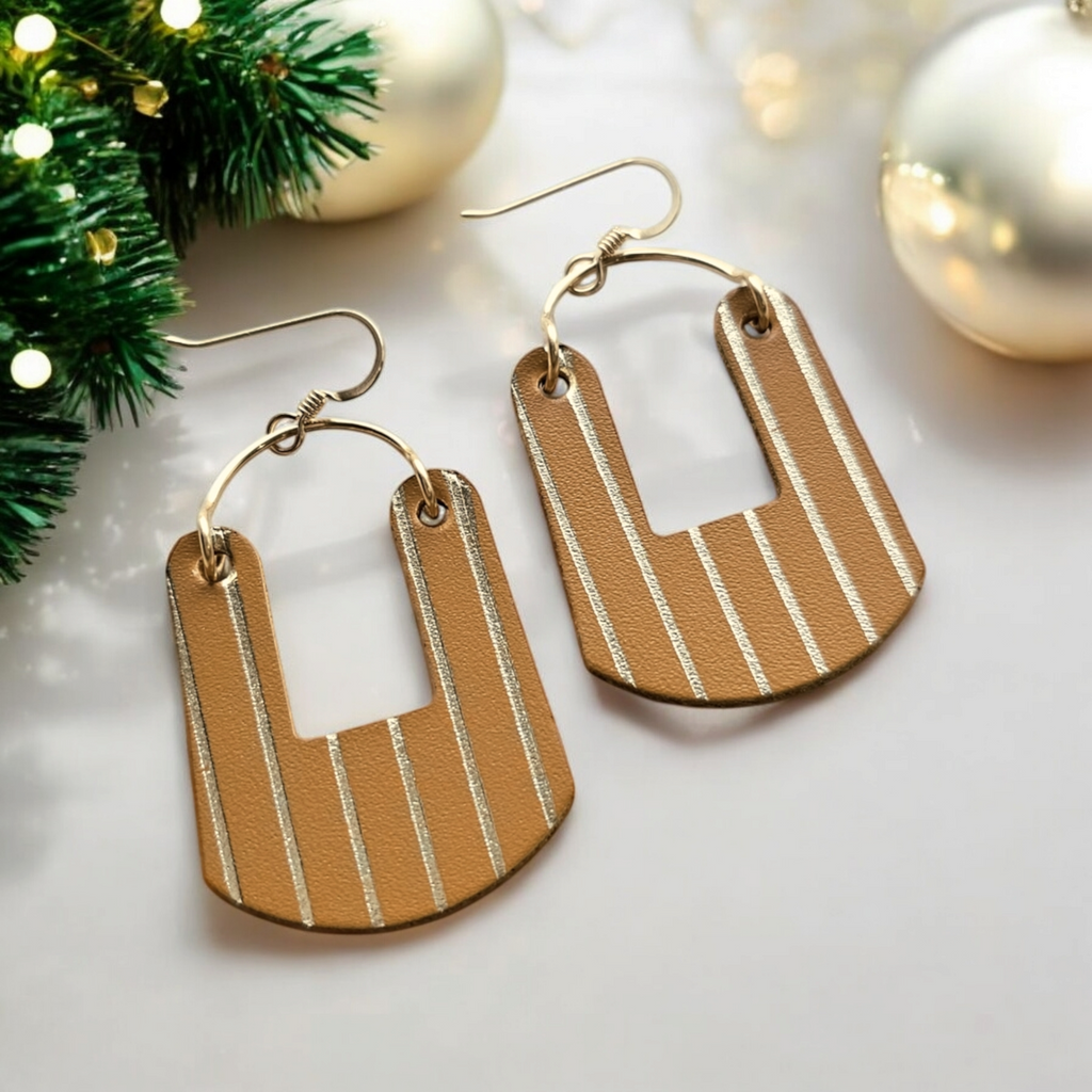 The Penny/ Camel + Metallic Champagne Pinstripe Embossed Leather Earring