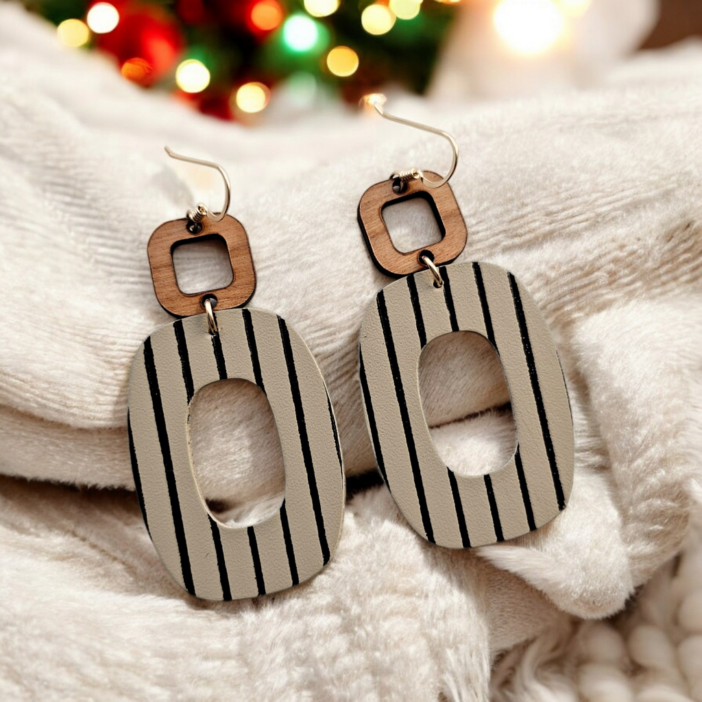 The Ophelia/ Sandstone + Black Pinstripe Emboss Statement Leather Earring