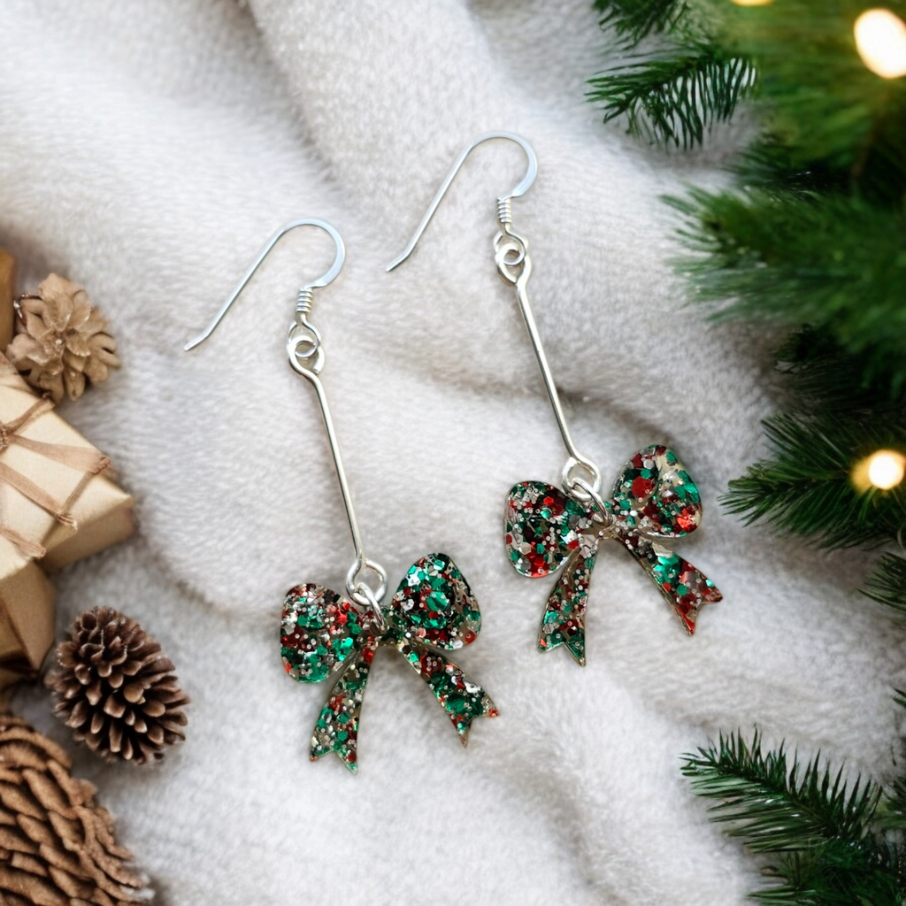 Christmas Confetti Small Acrylic Bow Drop Earrings