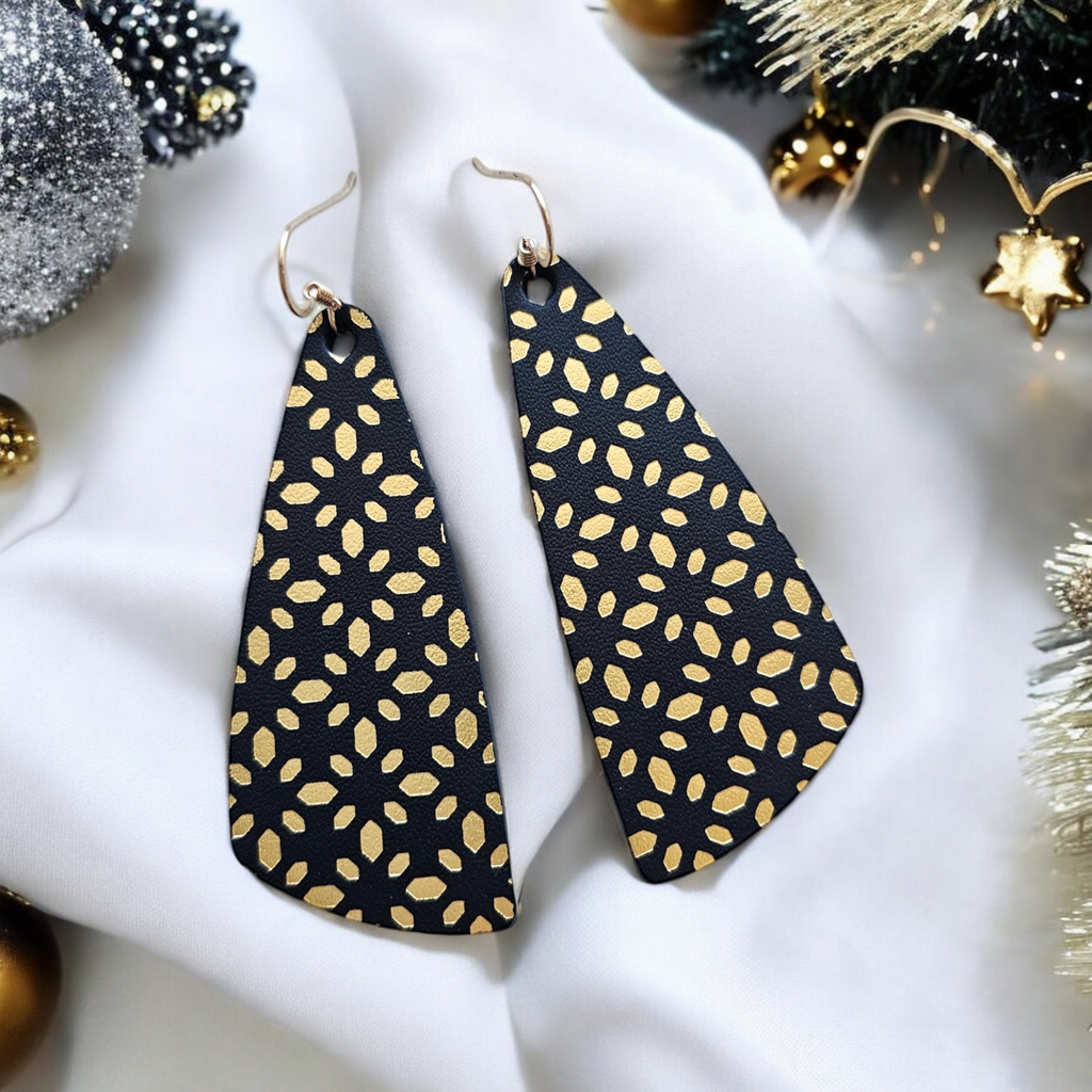 *SMALLS* Glam Wing Black + Gold Snowflake Embossed Leather Earrings