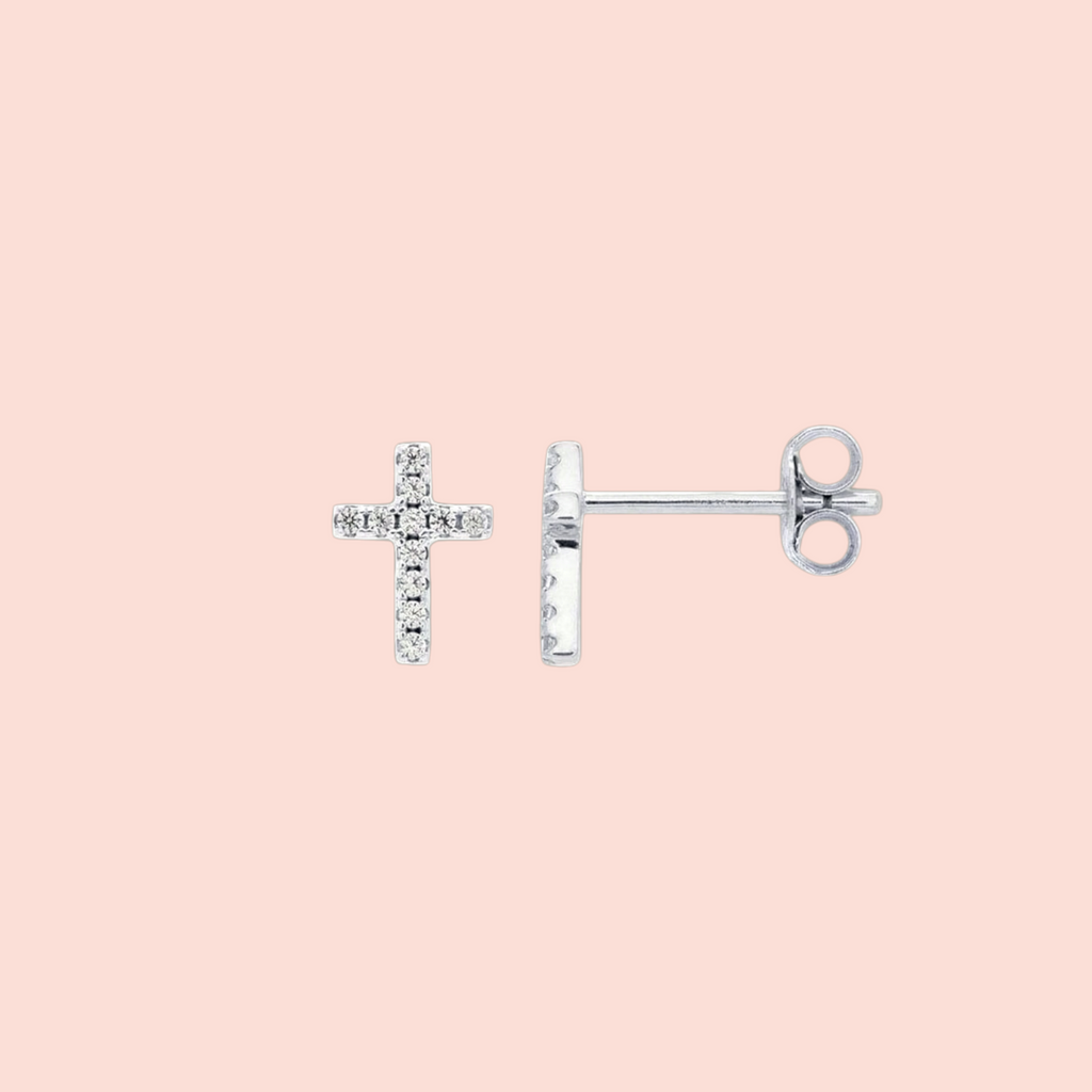 Tiny Sterling Silver Rhodium-Plated CZ Cross Stud Earrings