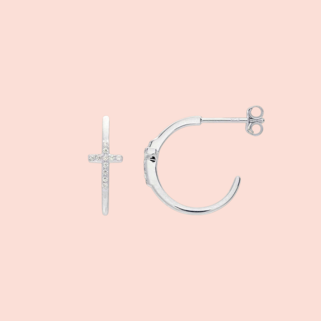 Sterling Silver Rhodium-Plated CZ Cross Hoop Earrings