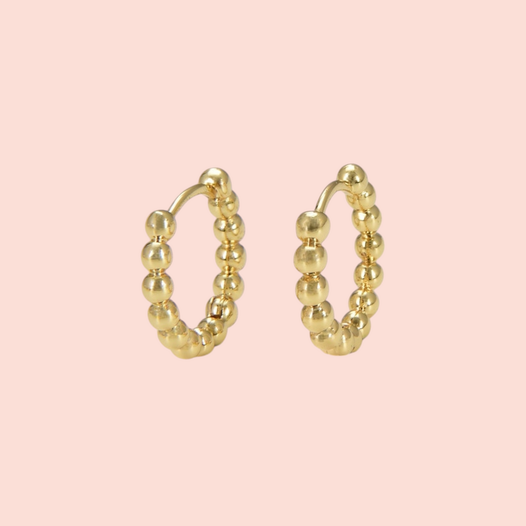 Beaded Huggie Hoops/ 18k gold plated brass