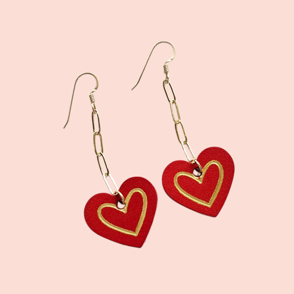 The Eliza/ Red + Gold Embossed Heart Minimalist Chain Drop Leather Earrings