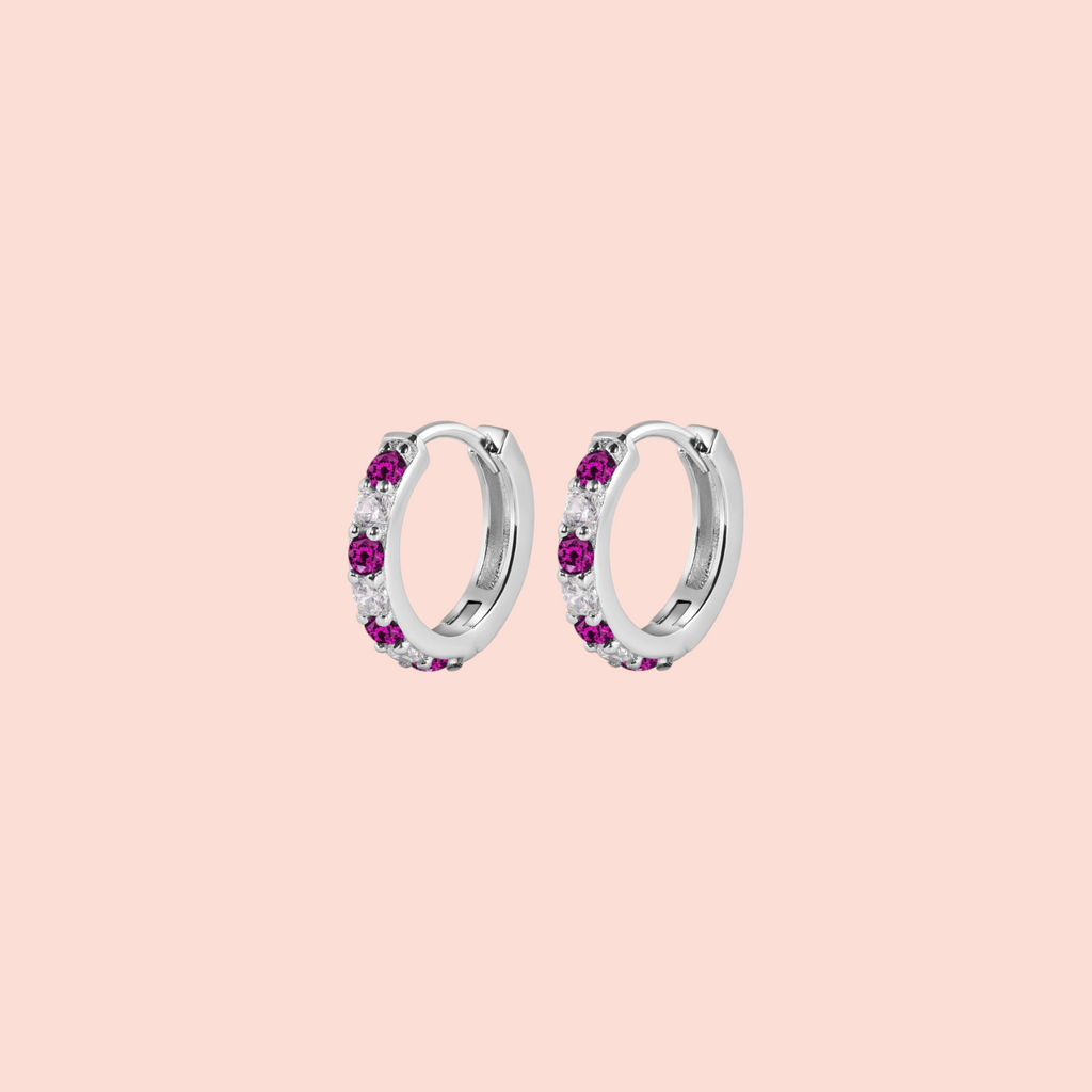 Dark Pink + Clear CZ Teeny Tiny Huggie Hoops