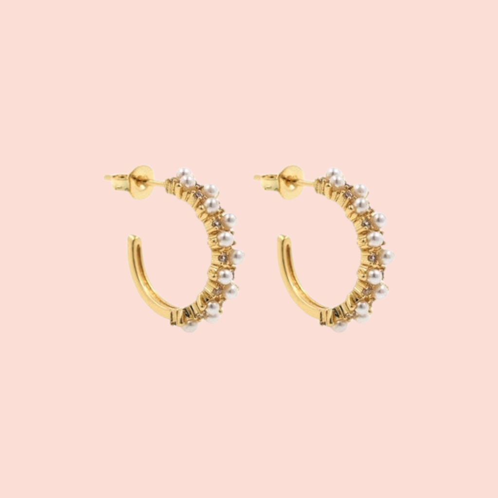 Pearl + CZ Cluster Gold Hoop Earrings